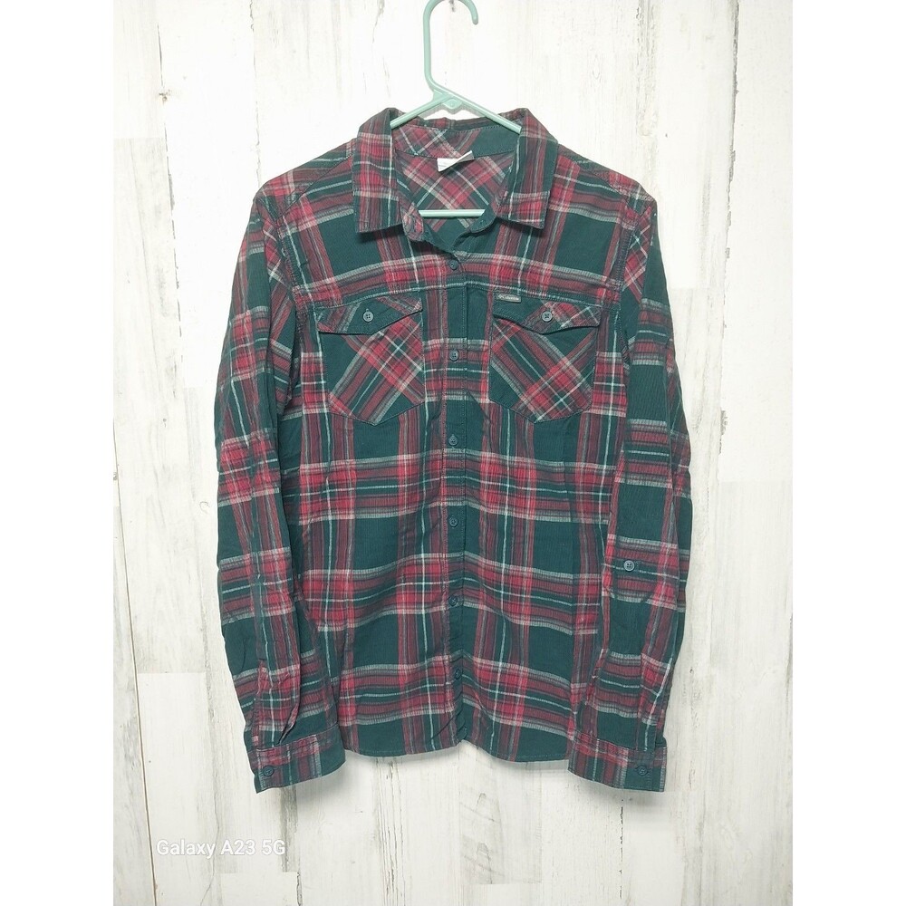 COLUMBIA Micro CORDUROY SHIRT TOP Green PLAID SIZE Large  WOMEN'S